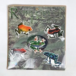 VTG 1996 Out Of Print Liquid Blue 5-pc Rainforest Frogs Refrigerator Magnets NEW